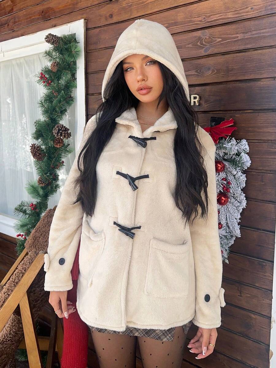 SHEIN EZwear Women's Casual Solid Color Horn Button Hooded Regular Jacket, Autumn/Winter