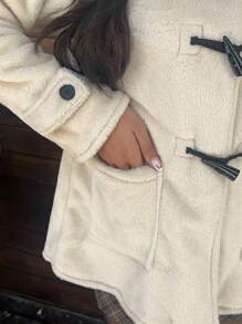 SHEIN EZwear Women's Casual Solid Color Horn Button Hooded Regular Jacket, Autumn/Winter