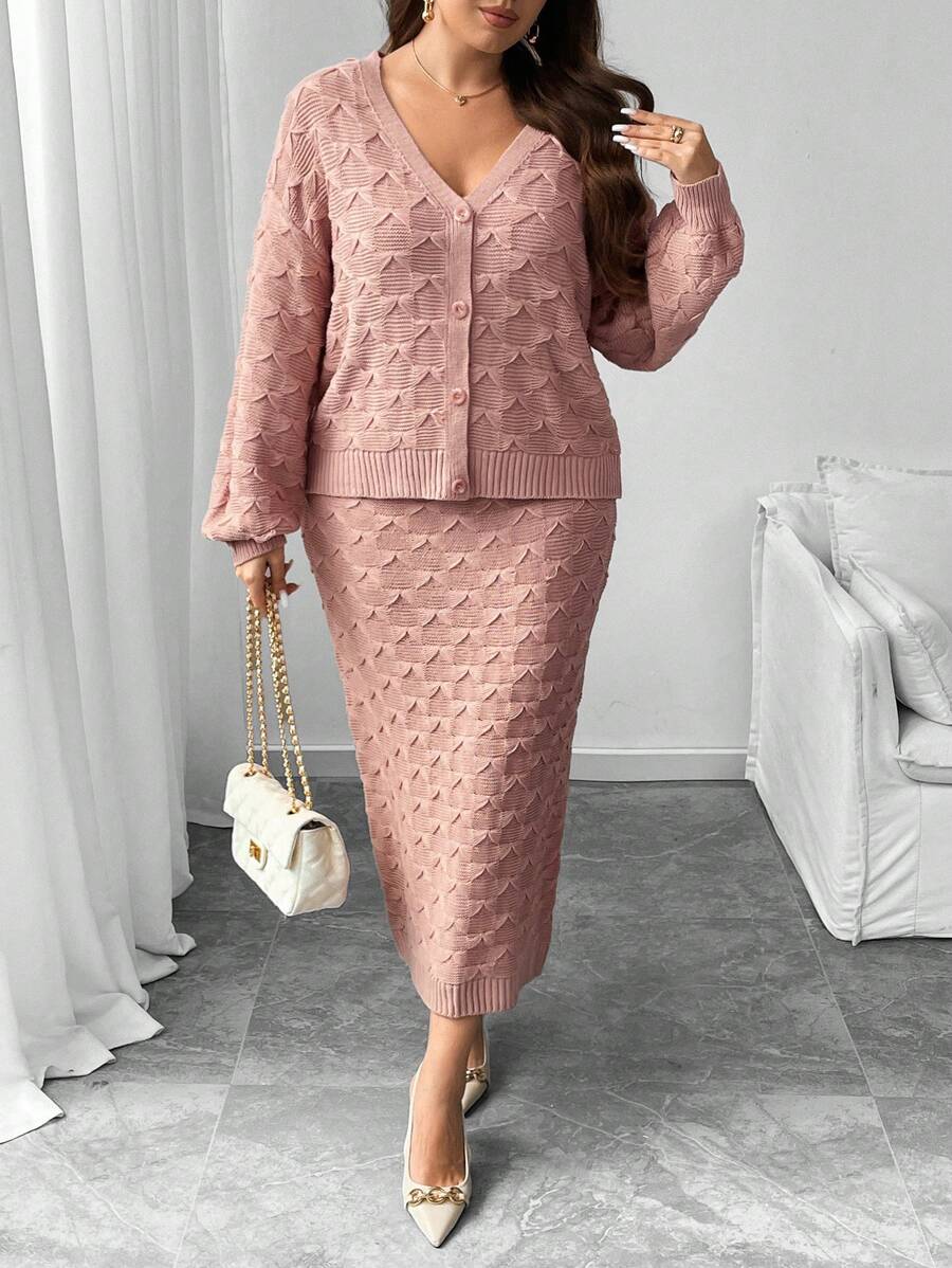 Flirla Plus Size Cable Knit V-Neck Lantern Sleeve Cardigan & V-Neck Textured Fitted Knit Bodycon Dress Set For Women - Dusty Pink - View 1