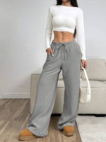 SHEIN EZwear Women's Gray Drawstring Pockets Casual Woven Wide Leg Pants