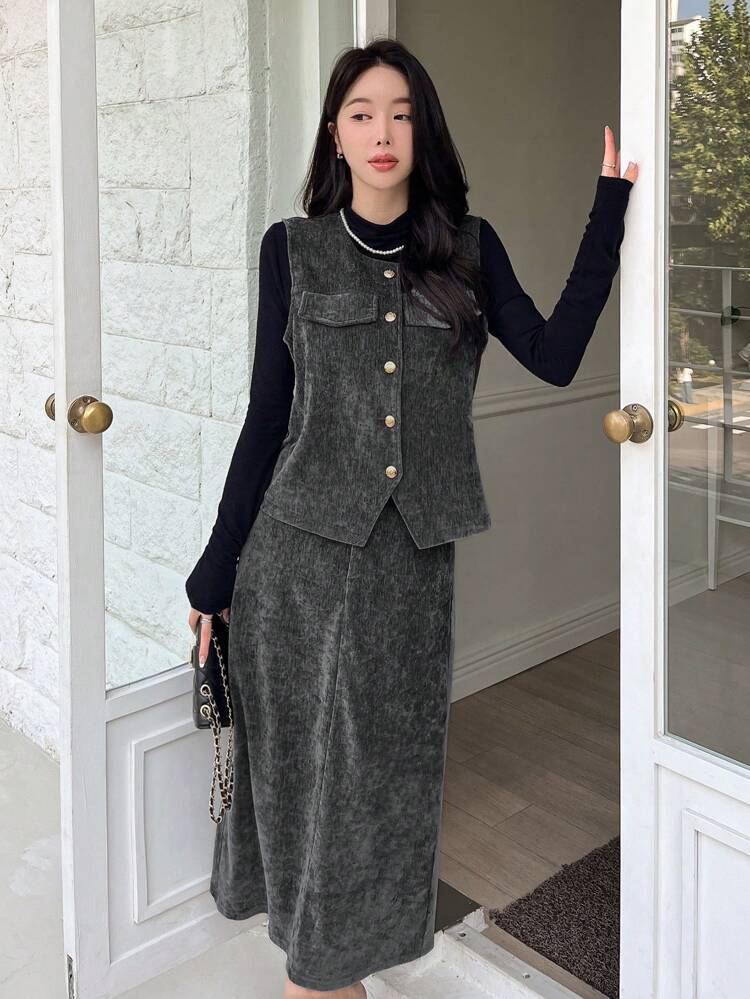2 Pieces Set: Ladies Casual Going Out Solid Color Vest And Skirt, Autumn
