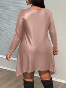 Slaydiva Elegant și petrecere și întâlnire și întâlnire, rochie mini cu mânecă lungă, neagră, solidă, cu mânecă lungă, tiv asimetric, acoperită cu PU, ușoară, elastică, bodycon, mărime Plus - primăvară/toamnă - Roz - Vizualizare 2