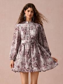 Enchnt 女士花卉扎染印花立领灯笼袖单排扣优雅连衣裙，春/秋 - 白色 - 查看 4