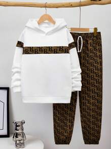 SHEIN Tween Boys 2pcs/Set Letter Pattern Patchwork Hooded Sweatshirt Outfit, Autumn - Black - View 1