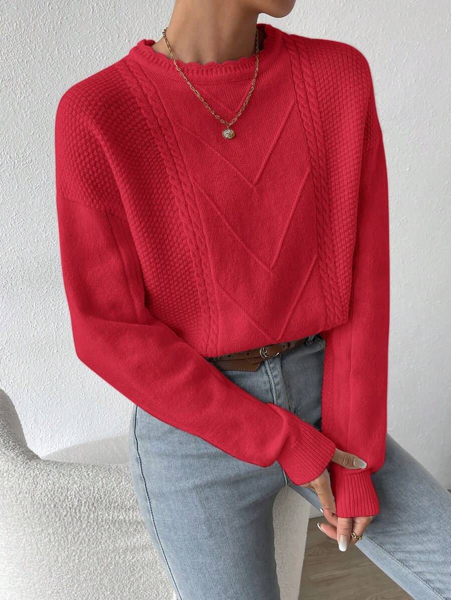 SHEIN Essnce Solid Color Round Neck Casual Versatile Long Sleeve Pullover Sweater - Red - View 1