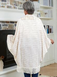 EMERY ROSE Plus Size Women Solid Color Batwing Sleeve Tassel Patchwork Poncho Outerwear, Fall And Winter Clothes For Women - Multicolor - View 2