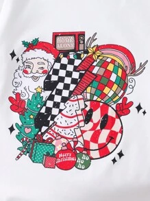 SHEIN Camiseta informal de manga larga y cuello redondo con estampado de Papá Noel de dibujos animados para niñas, otoño