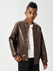 SHEIN Teenager Jungen Vintage Jacke im Used-Look aus Kunstleder, lässiger, cooler Stil