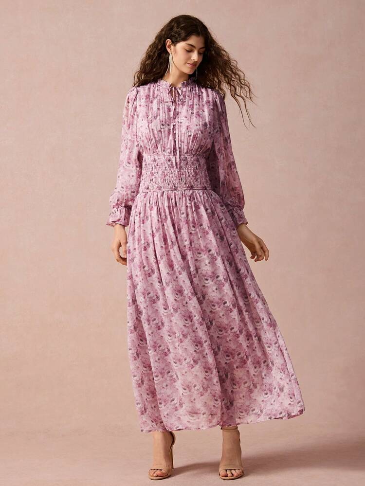 Women's Spring/Autumn Floral Print Frill Trim Tie Front Long Sleeve Belted Dress