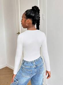 SHEIN Tween Girl Letter Graphic Cropped Crew Neck Long Sleeve Tight T-Shirt, Suitable For Spring, Autumn And Winter