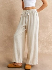 Poéselle 打结腰部阔腿裤 夏季度假长裤 - 米色 - 查看 9