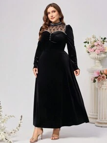 Coutiva Váy dự tiệc Giáng sinh dài tay ren nhung tương phản cỡ lớn thanh lịch, váy dự tiệc cưới - màu đen - Xem 3