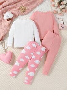 2 件套女婴心形字母和睫毛印花粉色长袖上衣和裤子紧身睡衣 - 粉色 - 查看 6