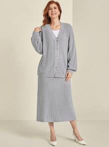 EMERY ROSE Plus Size Solid Color Button-Front Long Sleeve Sweater & Skirt Casual Set