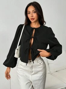 SHEIN EZwear Áo sơ mi tay cánh bướm thắt nơ đen đơn giản cho nữ, mùa thu - màu đen - Xem 6