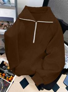 INAWLY 女士厚款保暖内衬休闲套头衫，宽松高领半拉链运动衫，适合秋冬季，长袖上衣 - 棕色 - 查看 3