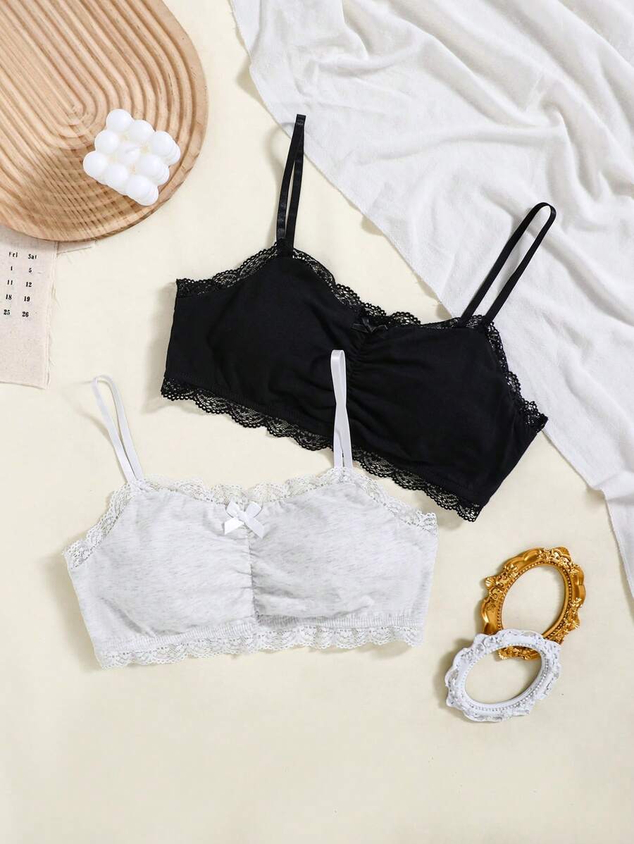 SHEIN 2 件装少女法式简约蕾丝边褶皱加垫文胸内衣套装 - 灰色 - 查看 1