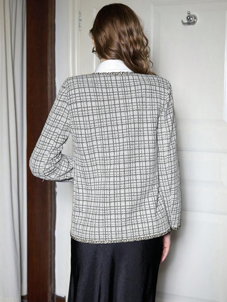 Vintamour 复古优雅女式夹克 粗花呢外套 格子圆领 长袖 金属纽扣装饰 荷叶边拼布口袋上衣，休闲上班 冬季女装 女士夹克 感恩节女装 冬季女士外套 长袖冬装 圣诞女装 圣诞服装 感恩节 圣诞服装外套 除夕连衣裙 感恩节连衣裙 冬季夹克 冬季上衣 冬季女式上衣 - 白色 - 查看 5