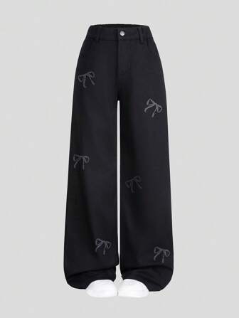 SHEIN Tween Girls Y2K Style Rhinestone Butterfly Decor Wide-Leg Straight Black Jeans, Versatile & Casual