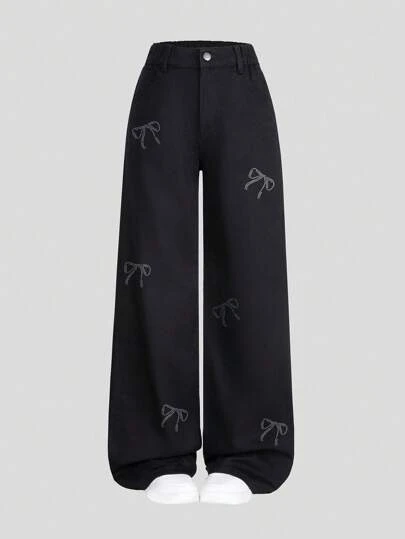 SHEIN Tween Girls Y2K 风格水钻蝴蝶装饰宽腿直筒黑色牛仔裤，百搭又休闲