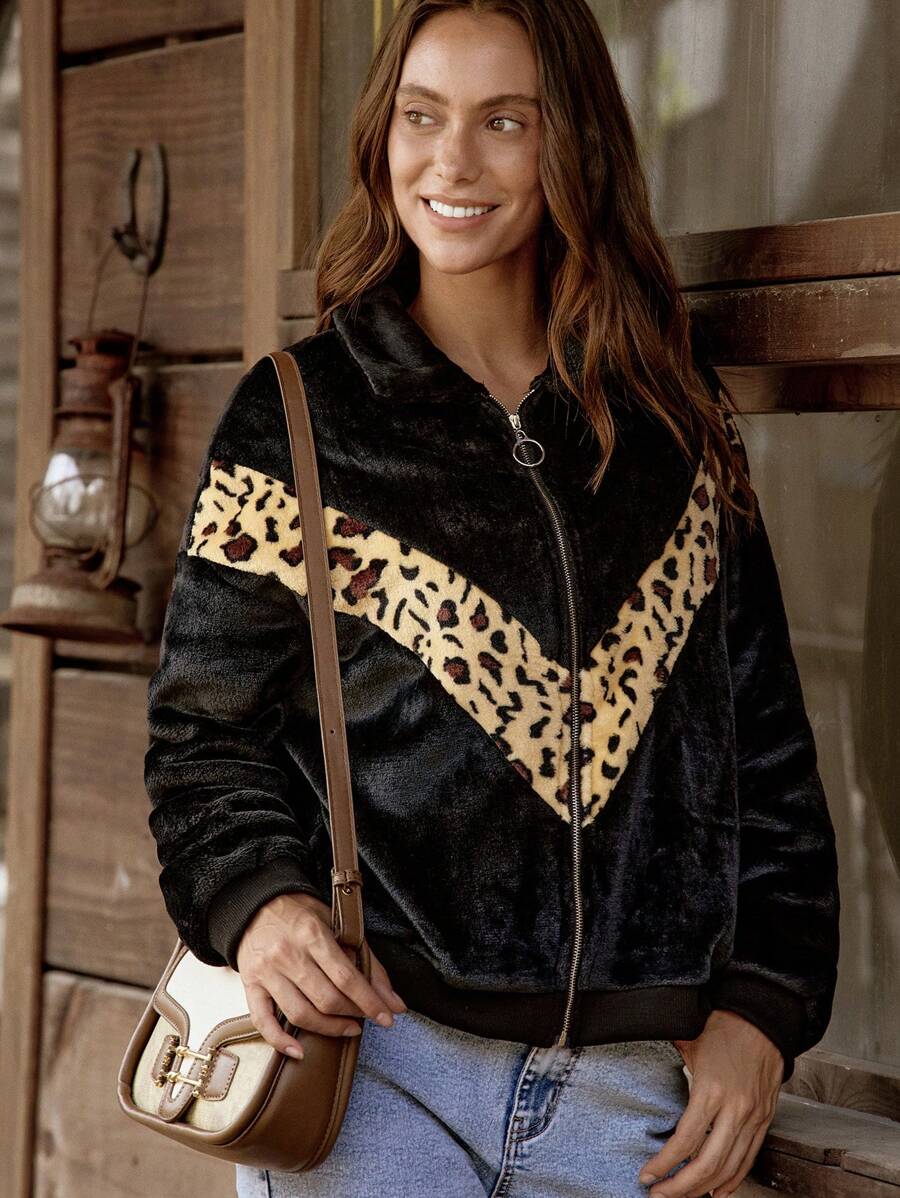 LanaWest Women Casual Fluffy Leopard Splice Zipper Front Jacket, For Autumn Fall Cloth For Women - Black - View 1