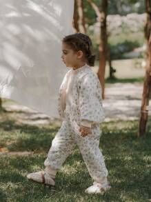 SHEIN 2 件装女婴复古碎花加厚棉袄套装，冬季韩版时尚