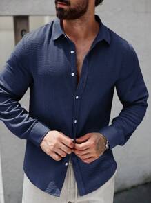 Manfinity Homme 男士休闲纯色亚麻长袖衬衫，秋季 - 藏蓝色 - 查看 6