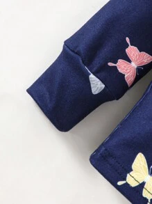 SHEIN 2pcs/Set Young Girl Snug Fit Butterfly Pattern Round Neck Raglan Sleeve T-Shirt And Soft Comfortable Brushed Pajama Pants Sleepwear Set