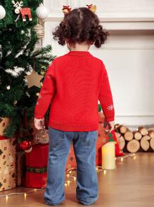 SHEIN Baby Girls' Round Neck Deer Pattern Sweater, Suitable For Family Gatherings, Outings, And Christmas,In Fall/Winter