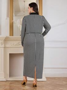 Modelyn 大码女式秋季千鸟格撞色翻领双排扣夹克和吊带裙优雅两件套 - 黑與白 - 查看 2