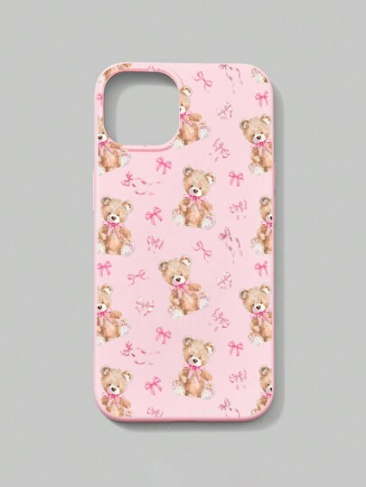 Kawaii 1pc Pink Bow & Teddy Bear Pattern Phone Case Compatible With IPhone 11 12 13 14 15 Pro Max