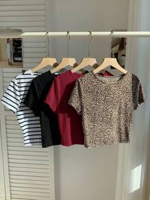Comfortcana 4pcs/Pack Women Solid & Leopard Striped T-Shirt, Summer Fall Top - Multicolor - View 5