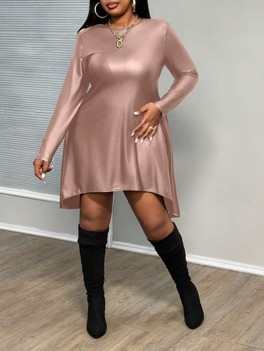 Slaydiva 优雅、派对、聚会、约会，修身纯黑色长袖不对称下摆 PU 涂层轻质弹力紧身迷你连衣裙，大码 - 春季/秋季 - 粉色 - 查看 1