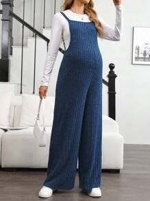 SHEIN Set de 2 piezas para mujeres embarazadas: Blusa blanca de manga larga y pantalón ancho de peto, unicolor, apto para otoño, ropa de maternidad - Blanco - Ver 3