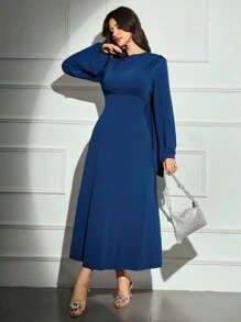Modelyn Women Elegant Solid Color Round Neck Long Sleeve Midi Dress For Commute Long Evening Dresses - Blue - View 4