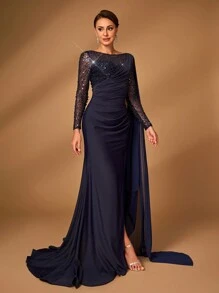 Serin Navy Blue Spring Elegant Evening Formal Dress,Luxury Beaded Sheer Mesh Long Sleeve Slit Fish Tail Gowns With Train For Bride/Mother Of Bride Wedding - Navy Blue - View 6