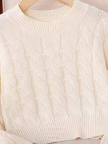 SHEIN Suéter corto de punto de cable en color beige liso con hombros caídos para niña preadolescente, para uso diario