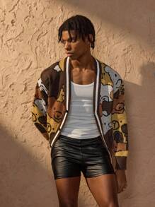 Forever 21 Áo len cardigan dệt kim dài tay in hình gấu bông giản dị cho nam mùa thu/đông - màu nâu - Xem 2