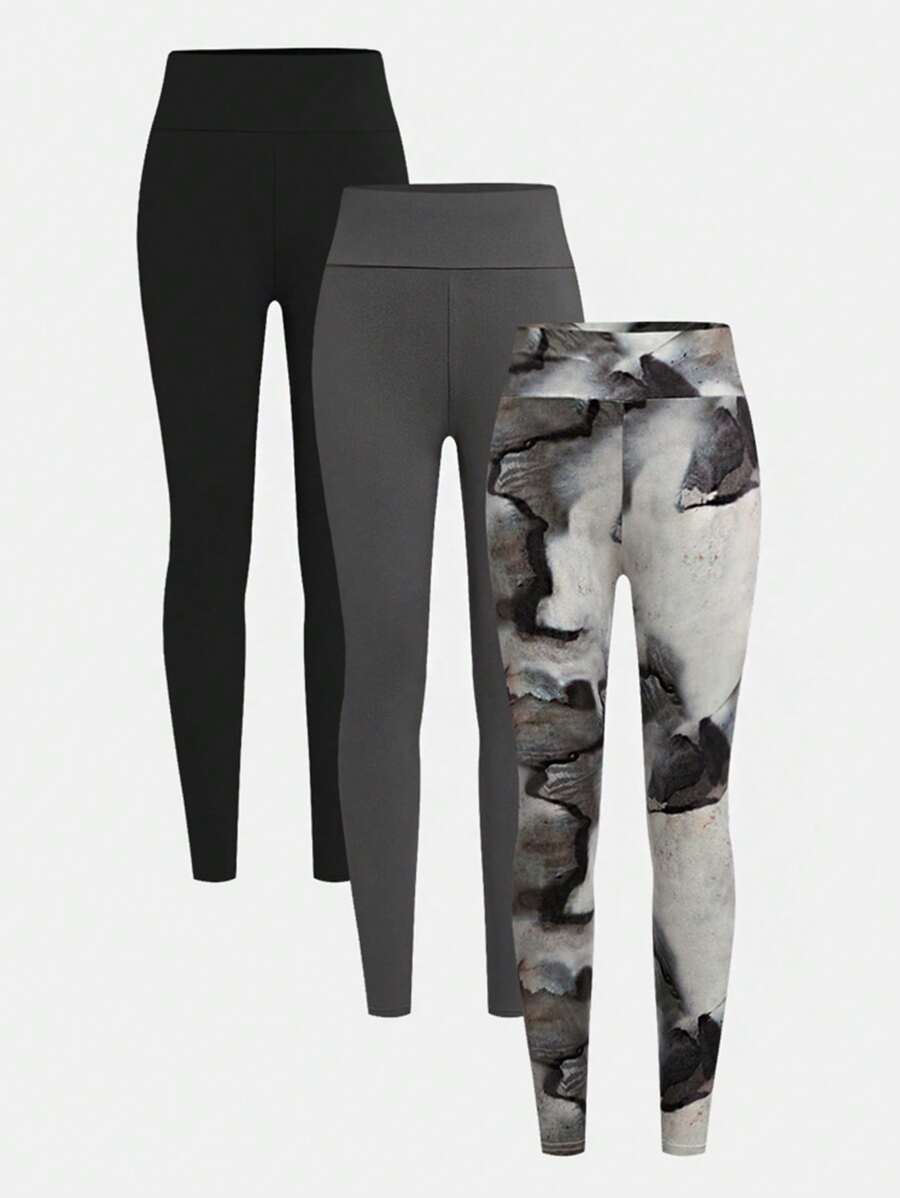 SHEIN Leap Crew Tween High Waist Girl Casual Fit Legging 3pieces Set, Dark Gray, Black, Tie-Dye All Over Printed 3 Color Multi-Pack/ Set, Suitable For Daily Wear, Homewear, Street Wear, Holidy, For Autumn Winter - Multicolor - View 1