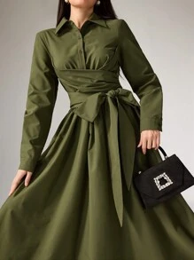 Heiryn 女士纯色前纽扣打结优雅长袖阿拉伯朴素连衣裙 - 軍綠色 - 查看 3