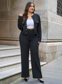 RueChic Plus Size Women's Elastic Scuba Fabric Jacket & Pants With Metallic Button Detailed Two Pieces Set - Black - View 1