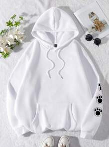 SHEIN LUNE Áo nỉ có mũ trùm đầu rút dây họa tiết Dog&Dog Claw TALK TO THE PAW cỡ lớn cho nữ - trắng - Xem 2