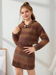 Tween Girl Contrast Vintage Hood Button Fringed Sweater And Mini Skirt Two Pieces Set