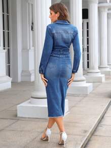 SHEIN Essnce Women Casual Washed Front Button Fitted Denim Dress, Autumn - Light Wash - View 6