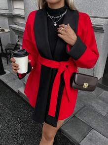 SHEIN Clasi 女士撞色翻领长袖休闲夹克，秋冬保暖 - 紅色 - 查看 8