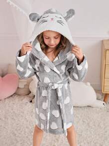 SHEIN Young Girl Cute Minimalist Rabbit Design Heart Pattern Long Sleeve Hoodie With Removable Belt, Soft & Comfortable Flannel Robe, Autumn/Winter (Sibling Outfits, Sold Separately) - Grey - View 7