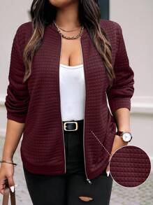 Calvaya Plus Size Textured Zip Up Casual Jacket For Autumn Fall Winter Cloth For Women - Burgundy - View 1