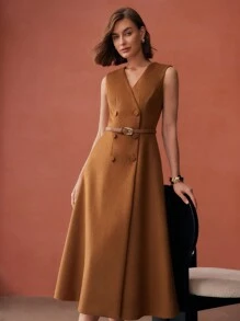 MOTF PREMIUM VESTIDO DE TIRANTES AJUSTADO A LA CINTURA DE DOBLE BOTONADURA