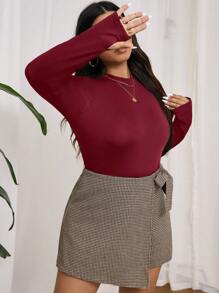 SHEIN Frenchy 加大码 1 件法式纯色圆领长袖基本款 T 恤 - 酒紅色 - 查看 3