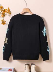 Tween Girl Thick Sparkly Star Jacquard Crew Neck Pullover Sweater, European And American Style, Suitable For Outdoor Sports, Shopping, Party, Autumn/Winter